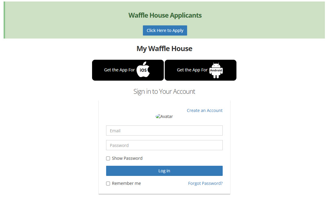 wafflehouse Login screen